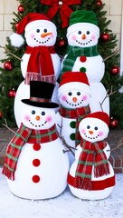 cheerful snowman family in Christmas themed attire