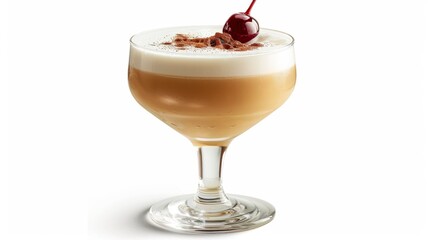 A whiskey sour in a short glass with a cherry on top, isolated on white background