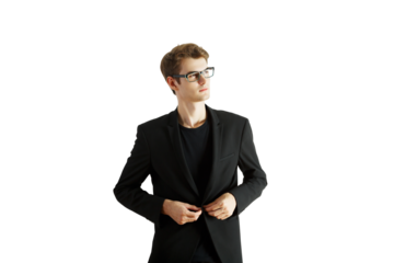 Man in asuit adjusting his jacket, wearing glasses, standing against a clean white background. Professional attire concept