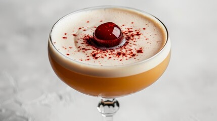 A whiskey sour in a short glass with a cherry on top, isolated on white background
