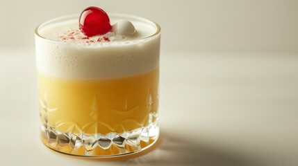 A whiskey sour in a short glass with a cherry on top, isolated on white background