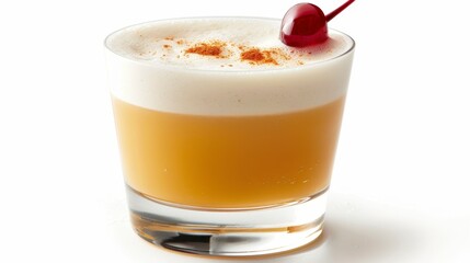 A whiskey sour in a short glass with a cherry on top, isolated on white background