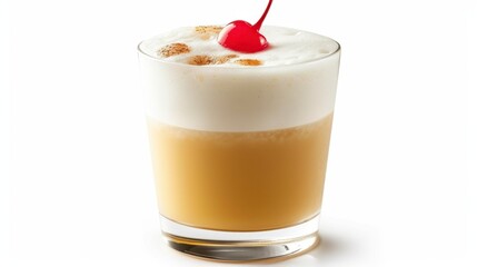 A whiskey sour in a short glass with a cherry on top, isolated on white background
