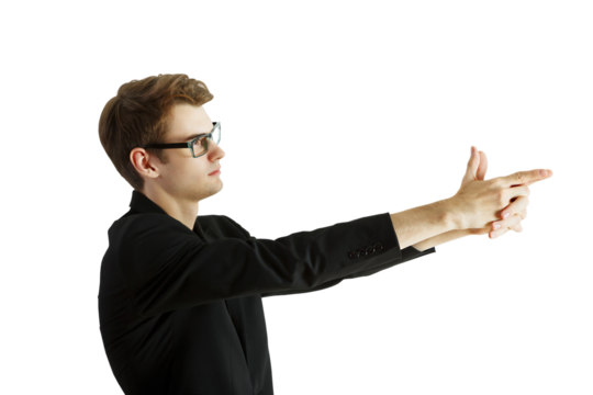 Side view of a man in glasses, wearing a dark suit, making a hand gesture resembling a pointing motion. Isolated on white background, concept of communication