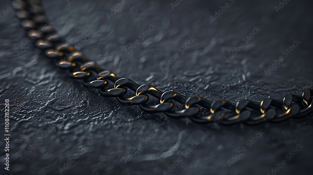 Poster a close-up view of an elegant metallic chain lying on a textured surface, showcasing its intricate d
