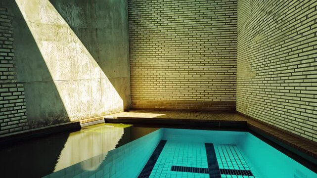 Indoor swimming pool with dramatic diagonal sunbeam penetrating through window. Textured brick walls surround crystal-clear turquoise water. 