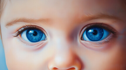 Naklejka premium Extreme close up of a baby’s vibrant blue eyes with detailed lashes and soft skin tones, conveying innocence and purity.