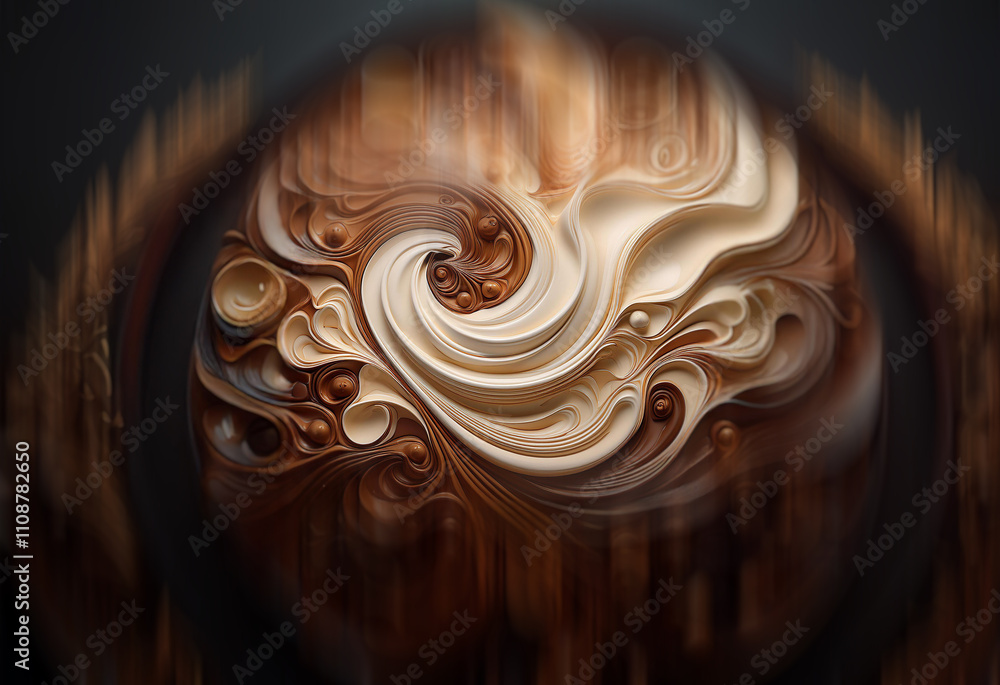 Poster Intricate swirling cream and brown patterns, viewed through a circular aperture, evoke a sense of depth and fluidity.  The texture appears smooth yet sculpted.