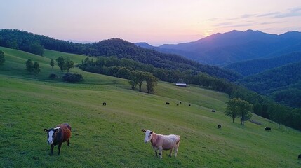 Fototapeta premium Serene Sunset Farmland Cattle Grazing Rolling Hills Scenic View