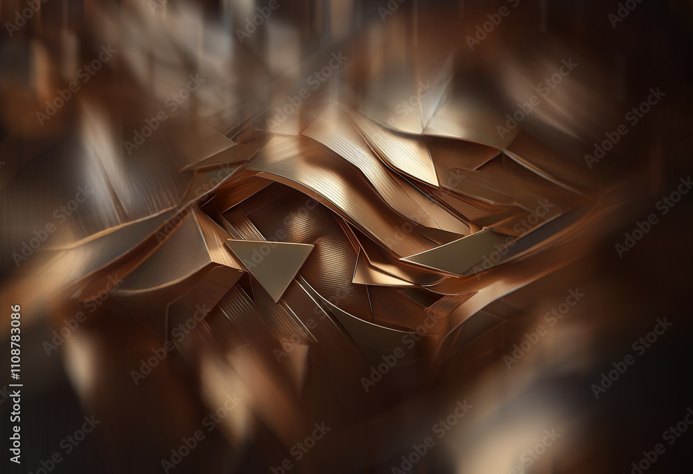 Aufkleber Abstract image of bronze, metallic, geometric shapes.  The forms are fragmented and layered, creating a sense of depth and movement.  Illumination highlights the surface textures.