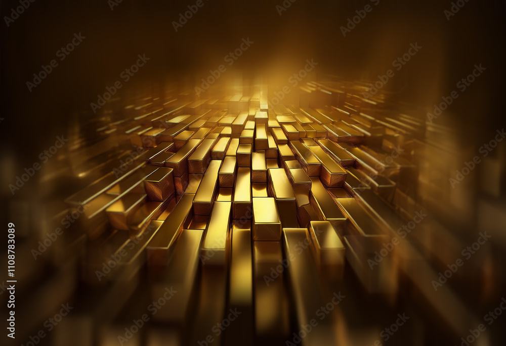 Poster Abstract image of a glowing gold, rectangular pathway receding into darkness.  The perspective creates a sense of depth and luxury.