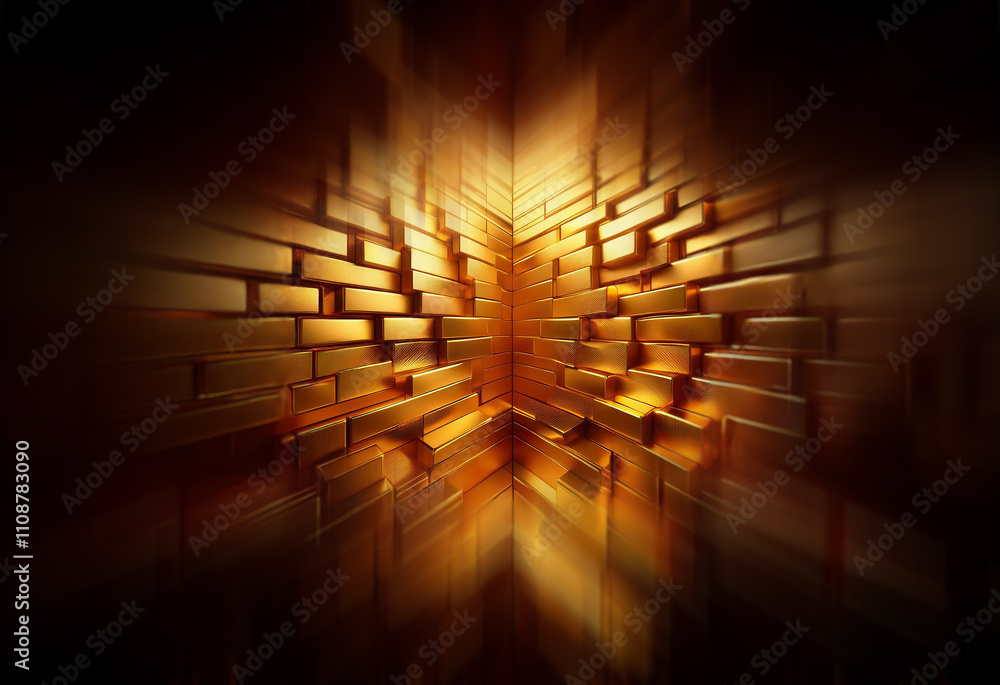 Poster A corner of a room is lined with gleaming gold bricks, radiating light and creating a sense of depth and richness.  The image suggests wealth and luxury.