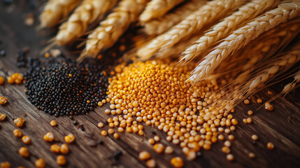 A close up of golden wheat stalks and scattered black and yellow mustard seeds on a rustic wooden surface, symbolizing agriculture and harvest.