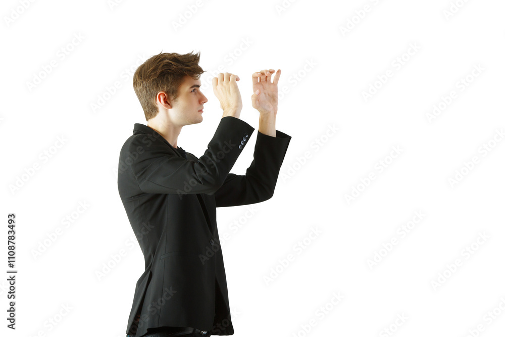 Poster a young man wearing asuit making hand gestures, shown in side profile on a white background. represe