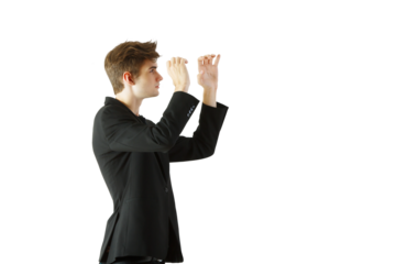 A young man wearing asuit making hand gestures, shown in side profile on a white background. Represents communication or interaction concepts