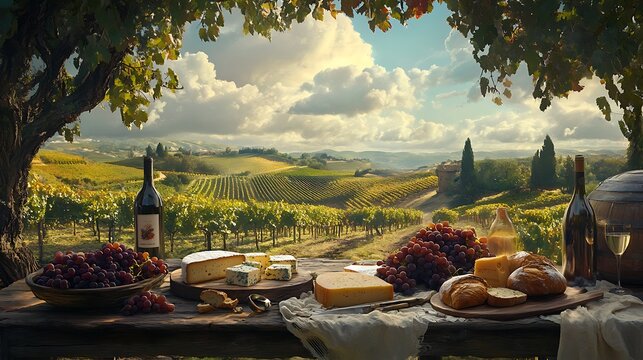 A harvest table in a vineyard, showcasing an array of grapes, cheeses, bread, and wine bottles, with rolling hills and vineyards stretching into the distance 