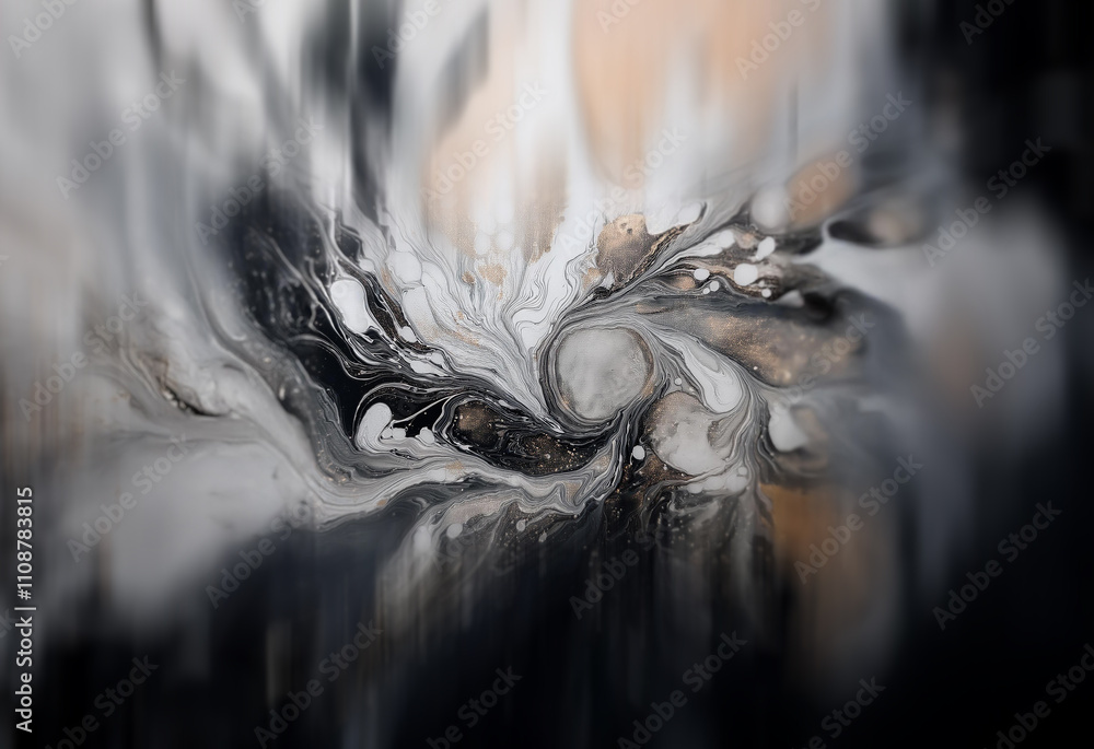 Poster abstract fluid art in shades of black, white, and beige. swirling, marbled patterns create a dynamic