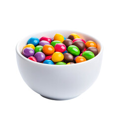 white bowl with colorful candy coated chocolates isolated on white & transparent a background.