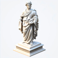 Classical statue of a man in a toga, holding an object.