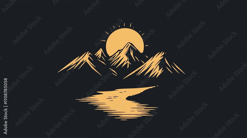Poster a simple line art illustration of a mountain range with a sun and a river running through it.
