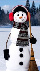 snowman wearing earmuffs a scarf and holding a broomstick