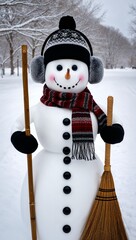 snowman wearing earmuffs a scarf and holding a broomstick