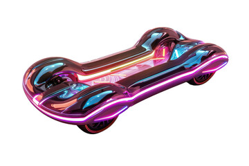 Futuristic hoverboard with neon lighting showcased against a dark background