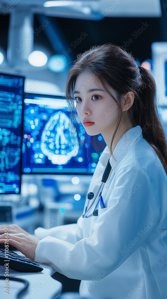 Poster focused medical professional analyzing data on computer screen in lab