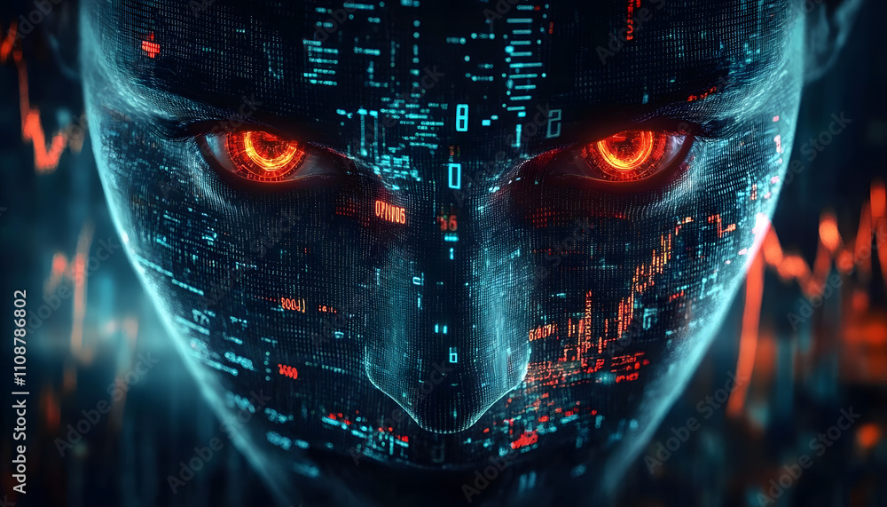 Poster digital face composed of data and charts with glowing red eyes