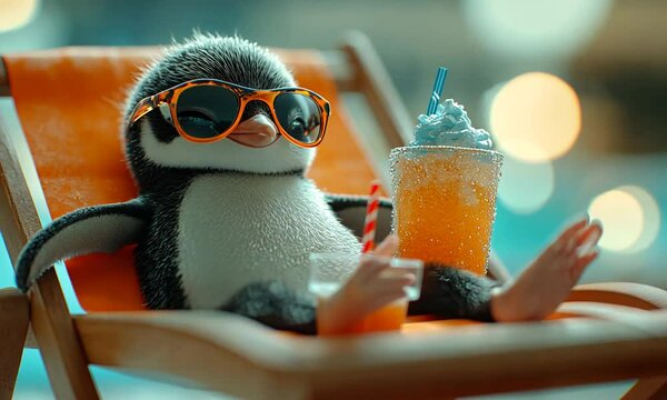 Cute Penguin Enjoying a Refreshing Drink While Relaxing Poolside on a Warm Sunny Day