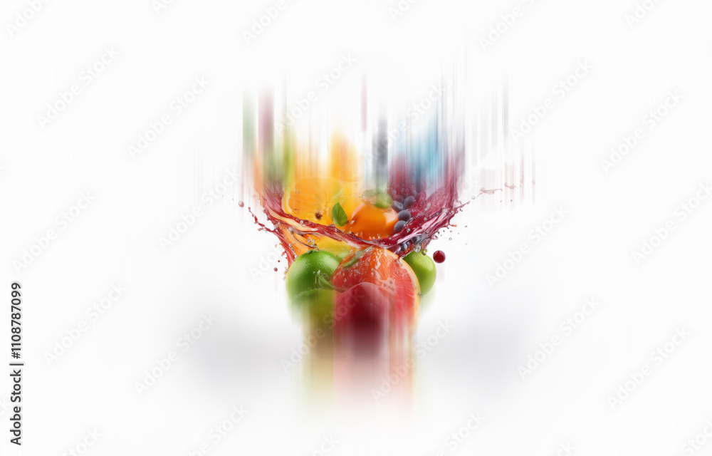 Poster an isolated splash of water with various fruits and berries on a white background.