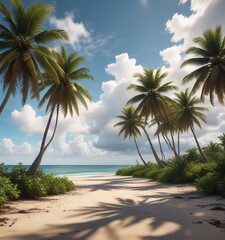 Obraz premium A serene coconut grove under a partly cloudy sky with calm atmosphere, serenity, greenery, nature