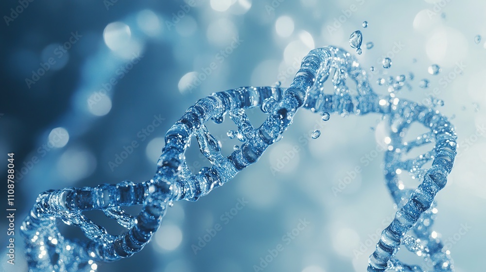 Poster abstract 3d rendering of a dna double helix structure made of water, with a bokeh background.