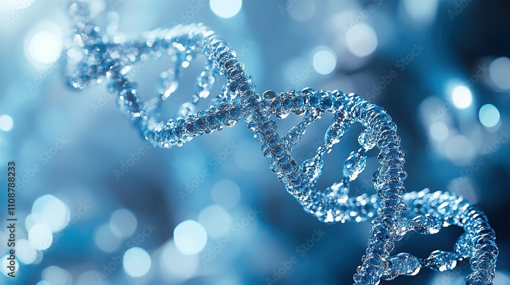 Poster close-up of a dna double helix structure, rendered with translucent, crystalline beads against a bok