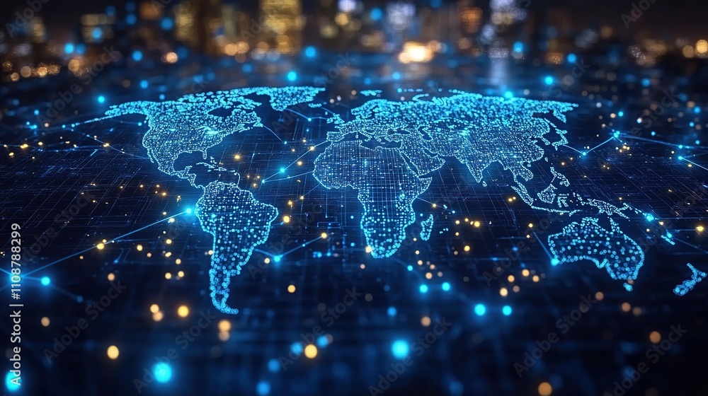 Poster global network connection, digital world map with glowing lines and nodes.