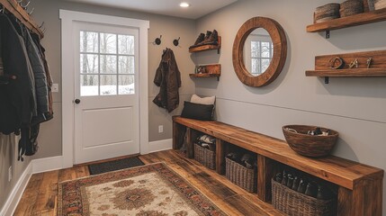 Obraz premium Entryway setup with bench seating, coat hooks, mirror, shoe storage solution, and decorative bowl for keys on console table