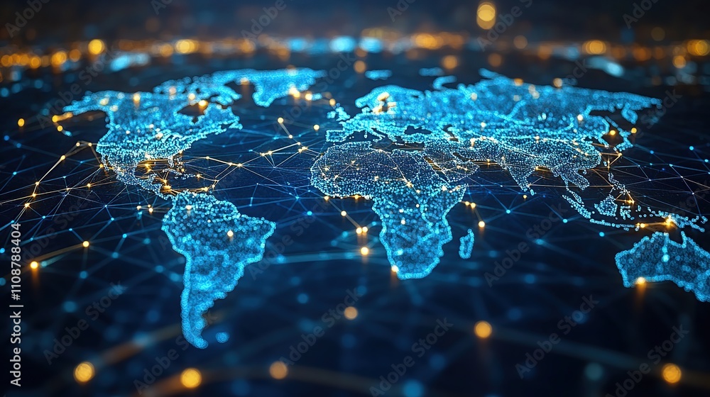 Poster global network connection map, illuminated nodes and lines showing worldwide digital communication a