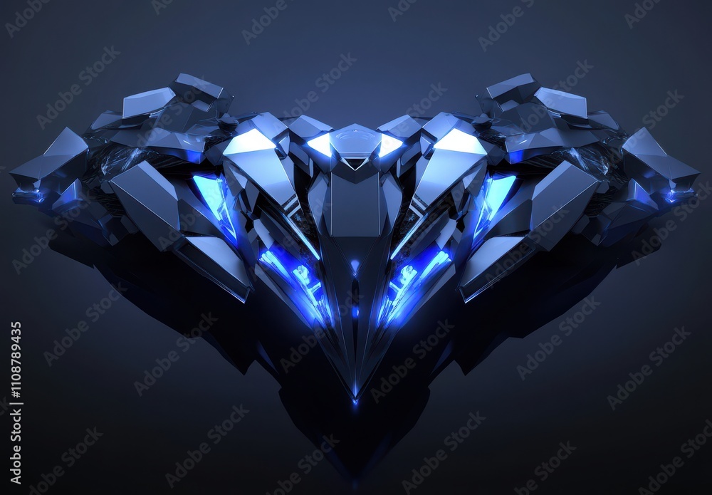 Poster futuristic abstract design with blue illuminated geometric shapes and shadows creating a modern digi