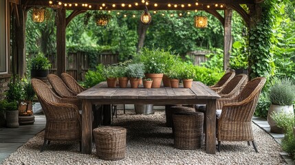 Obraz premium Outdoor dining setup with farmhouse table, mix of chairs, string lights, and centerpiece of potted herbs