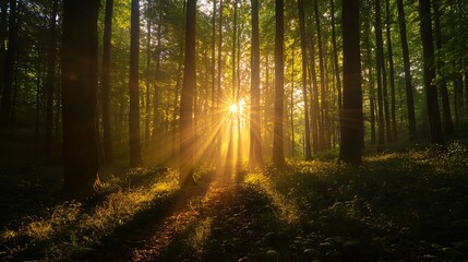 Fototapeta premium Golden sunlight shining through trees in misty forest at sunrise