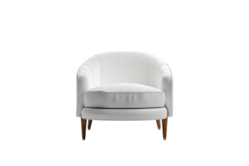 Elegant white armchair with wooden legs stored in a minimalist interior design setting