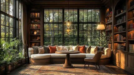 Fototapeta premium Breakfast nook featuring banquette seating, round table, pendant light, and window treatments