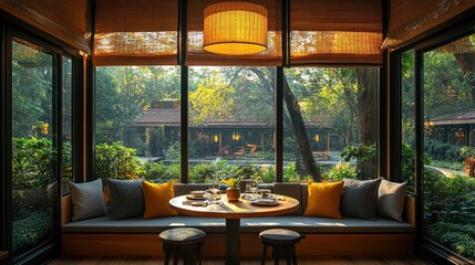 Fototapeta premium Breakfast nook featuring banquette seating, round table, pendant light, and window treatments
