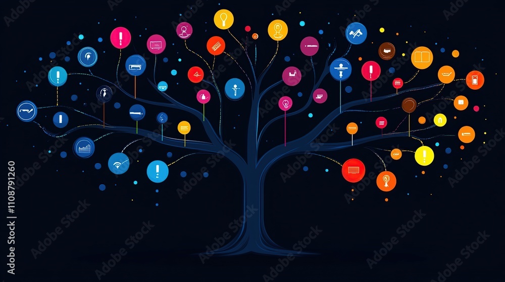 Poster colorful abstract tree with icons representing various concepts.