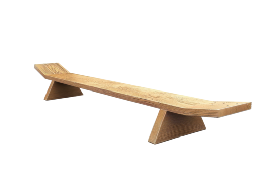 Unique wooden bench with angular design displayed on minimalist background in modern interior setting