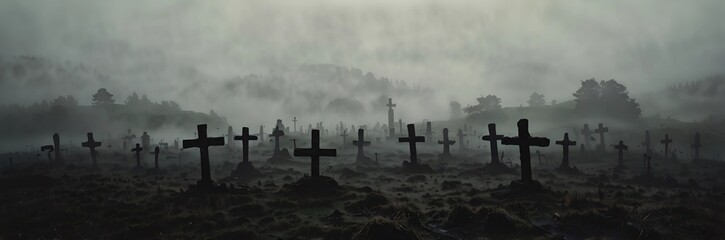 Spooky graveyard at dusk with mist and old cross