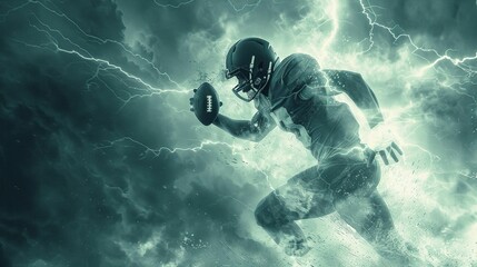 Football quarterback throwing a pass blended with a lightning storm Double Exposure
