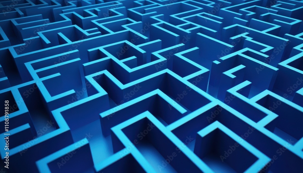 Poster intricate three-dimensional blue maze design, abstract labyrinth structure with depth and shadows, i