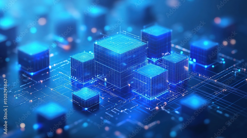 Poster abstract glowing blue digital cubes on a circuit board, representing data storage or network infrast