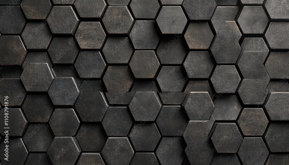 Poster intricate hexagonal patterns in dark shades of black and gray showcasing depth and texture, ideal fo